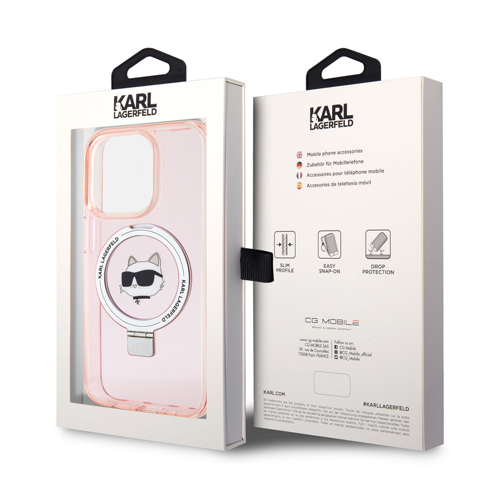 Custodia MagSafe per Apple iPhone 15 Pro, Karl Lagerfeld, Ring Stand Choupette's Head, Rosa