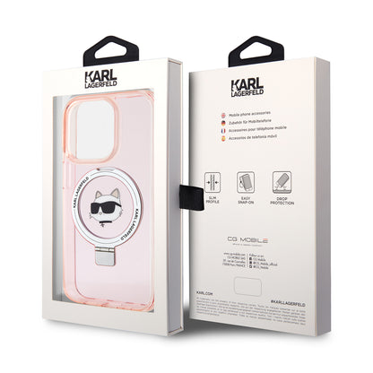 Custodia MagSafe per Apple iPhone 15 Pro, Karl Lagerfeld, Ring Stand Choupette's Head, Rosa
