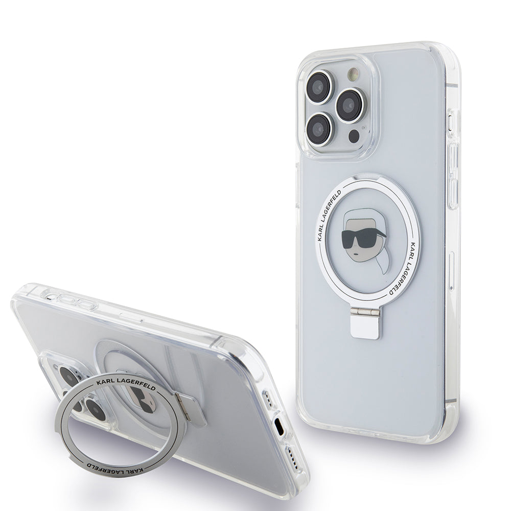 Custodia MagSafe per Apple iPhone 15 Pro, Karl Lagerfeld, Ring Stand Karl's Head, Bianca