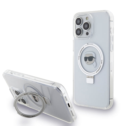 Custodia MagSafe per Apple iPhone 15 Pro, Karl Lagerfeld, Ring Stand Karl's Head, Bianca