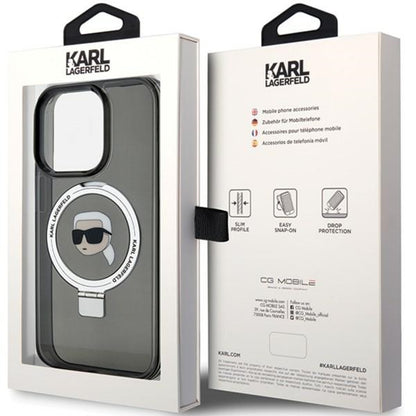 Custodia MagSafe per Apple iPhone 15 Pro, Karl Lagerfeld, Ring Stand Karl's Head, Nera