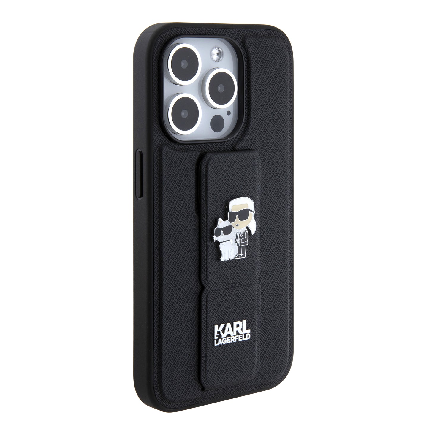 Custodia MagSafe per Apple iPhone 15 Pro, Karl Lagerfeld, Saffiano Gripstand Karl & Choupette, Nera