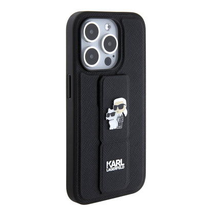 Custodia MagSafe per Apple iPhone 15 Pro, Karl Lagerfeld, Saffiano Gripstand Karl & Choupette, Nera