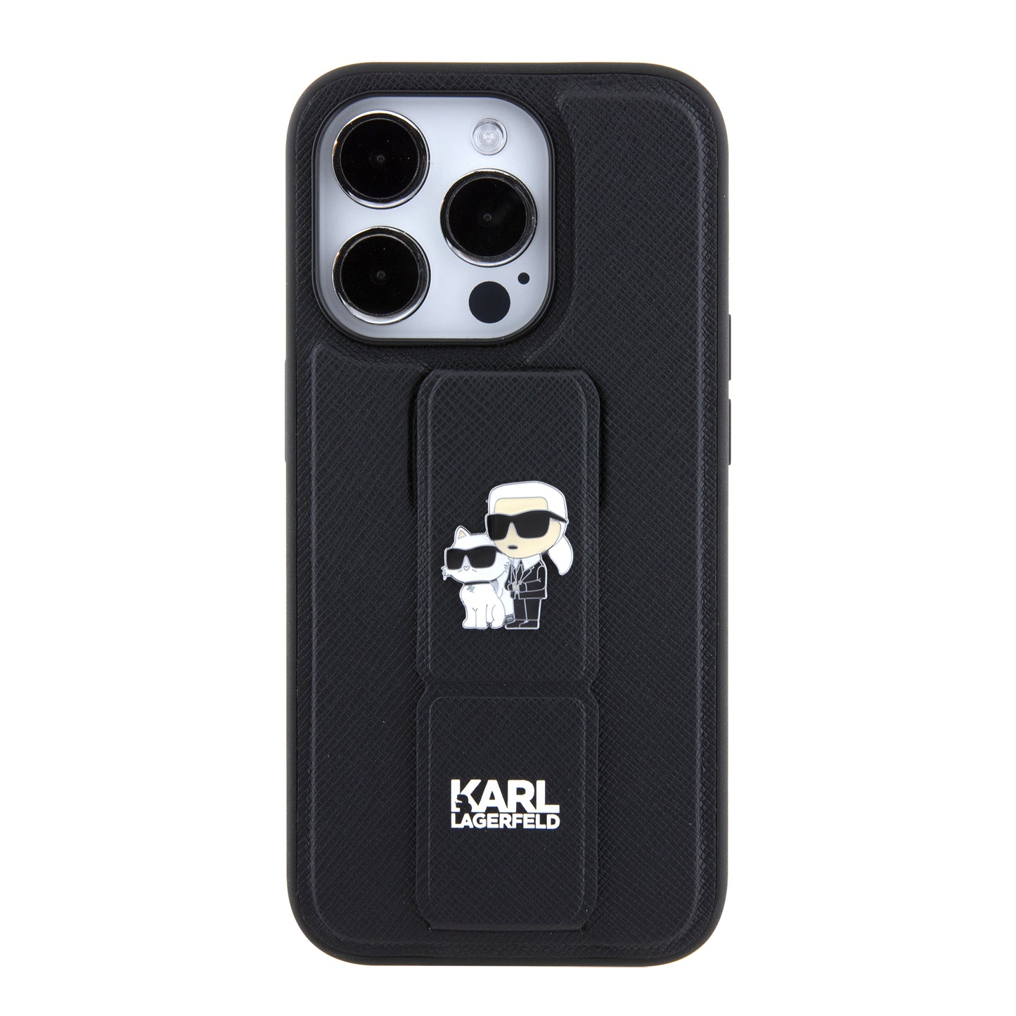 Custodia MagSafe per Apple iPhone 15 Pro, Karl Lagerfeld, Saffiano Gripstand Karl & Choupette, Nera
