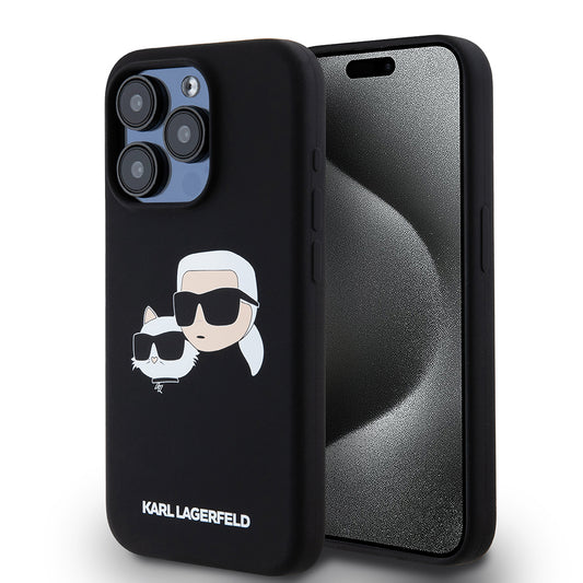 Custodia MagSafe per Apple iPhone 15 Pro, Karl Lagerfeld, Silicone Karl & Choupette's Heads, Nera