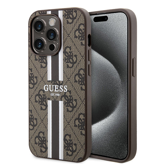 Custodia MagSafe per Apple iPhone 15 Pro Max, Guess, 4G Printed Stripes, Marrone