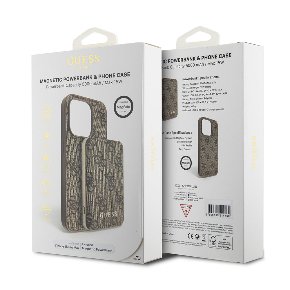 Custodia MagSafe per Apple iPhone 15 Pro Max, Guess, Powerbank 4G Metal Logo, Marrone