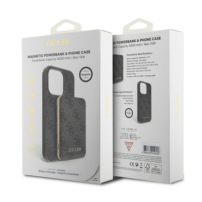 MagSafe Case for Apple iPhone 15 Pro Max, Guess, Powerbank 4G Metal Logo, Black