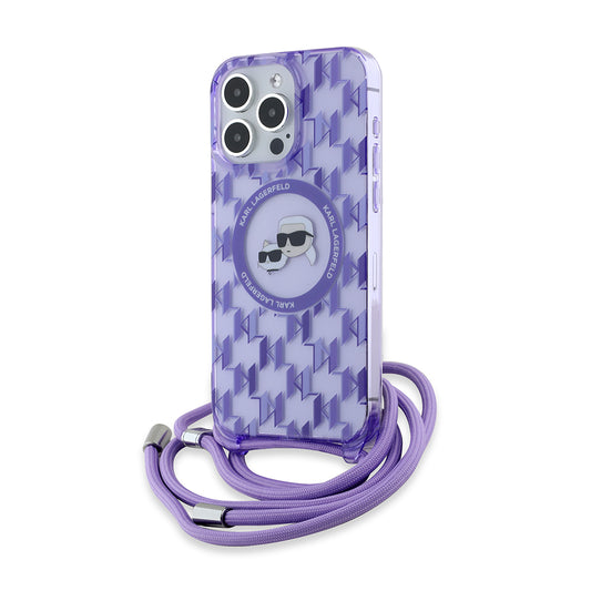 Custodia MagSafe per Apple iPhone 15 Pro Max, Karl Lagerfeld, IML Crossbody Monogram Karl & Choupette's Heads, Viola
