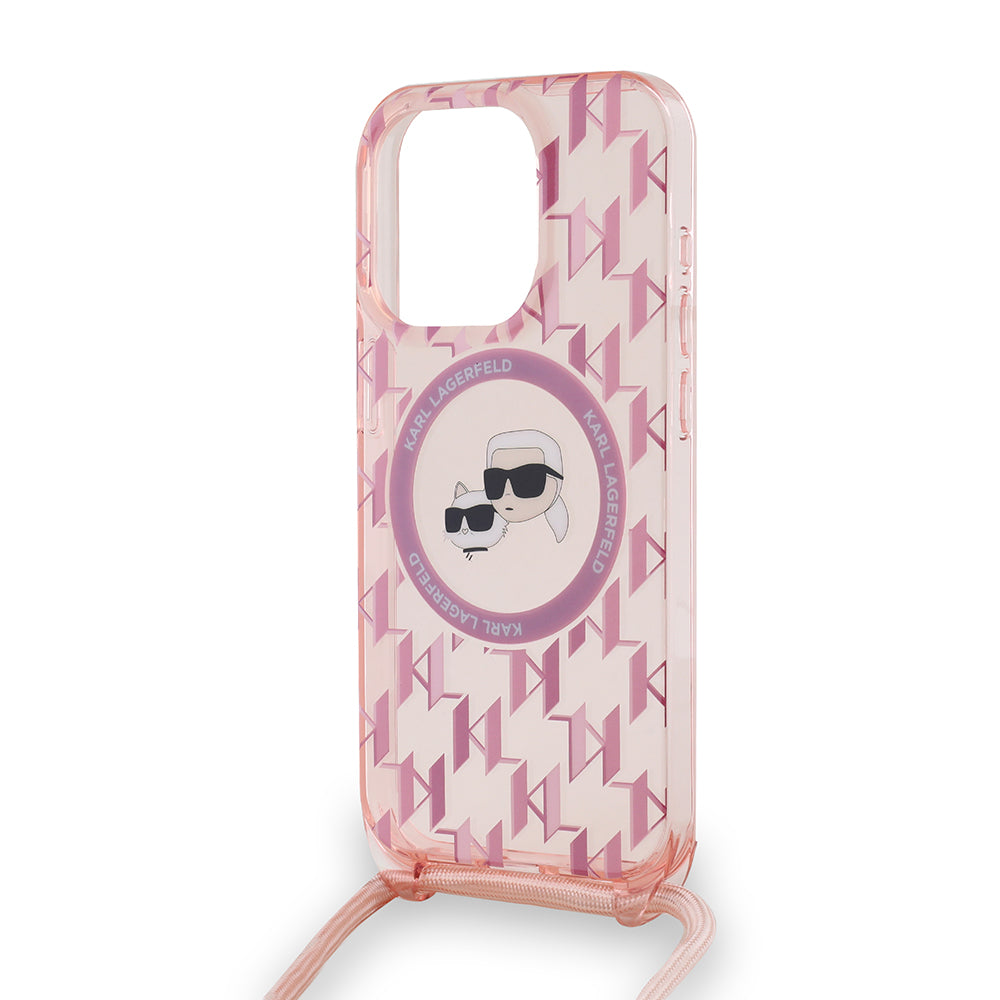 Custodia MagSafe per Apple iPhone 15 Pro Max, Karl Lagerfeld, IML Crossbody Monogramma Karl & Choupette's Heads, Rosa