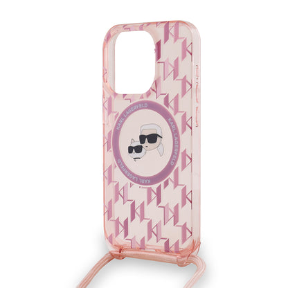 Custodia MagSafe per Apple iPhone 15 Pro Max, Karl Lagerfeld, IML Crossbody Monogramma Karl & Choupette's Heads, Rosa