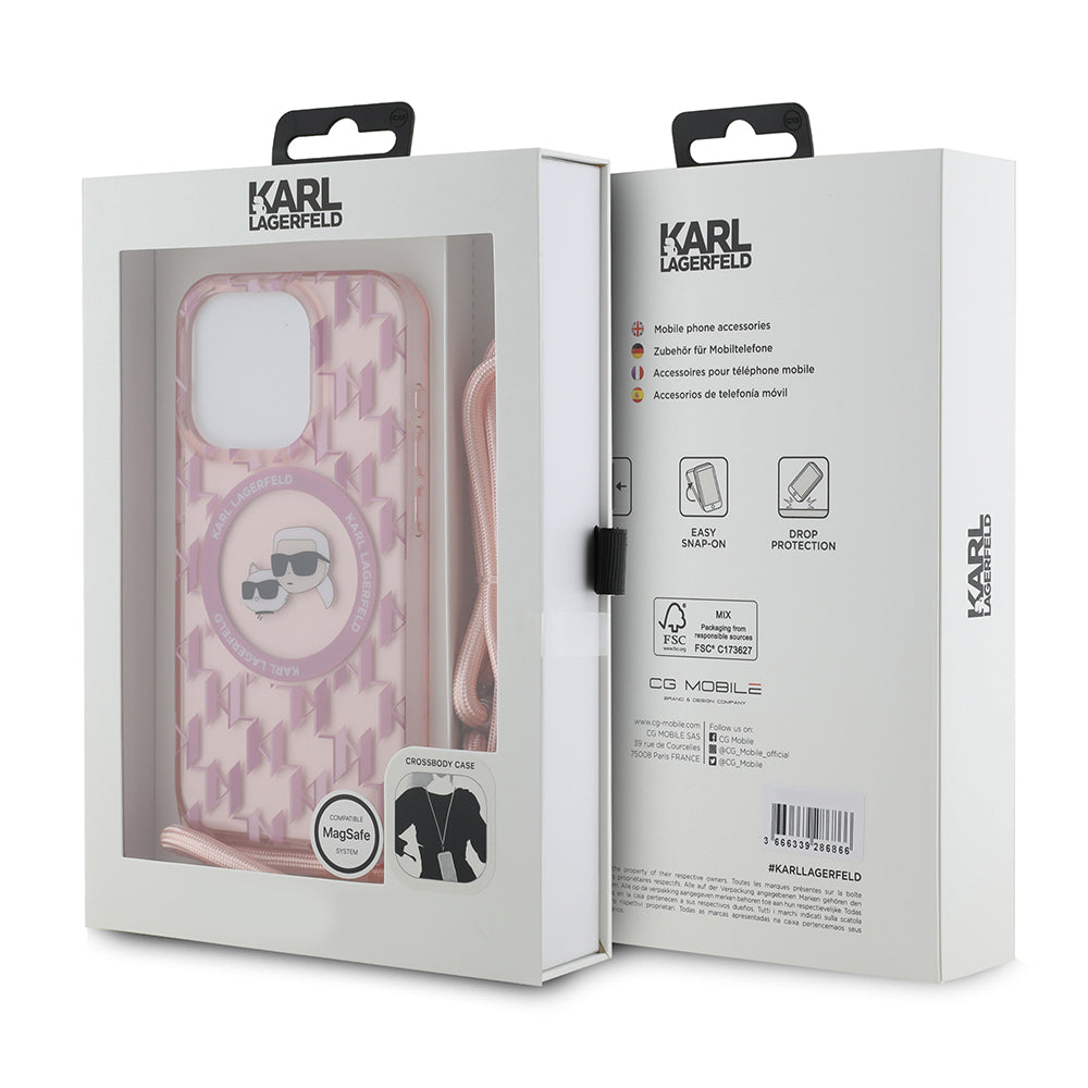 Custodia MagSafe per Apple iPhone 15 Pro Max, Karl Lagerfeld, IML Crossbody Monogramma Karl & Choupette's Heads, Rosa