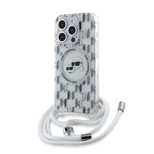 Custodia MagSafe per Apple iPhone 15 Pro Max, Karl Lagerfeld, IML Crossbody Monogram Karl & Choupette's Heads, Trasparente