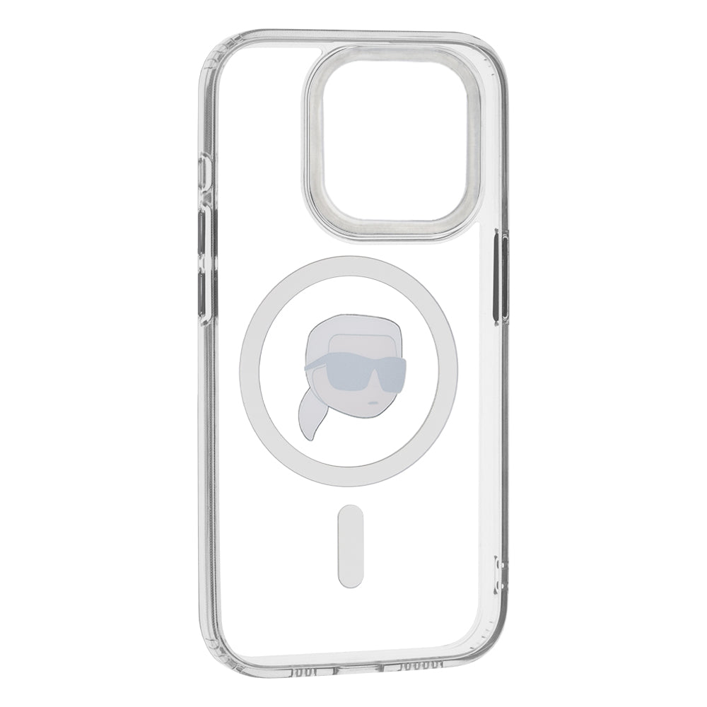 Custodia MagSafe per Apple iPhone 15 Pro Max, Karl Lagerfeld, IML Metal Karl's Head, Bianca