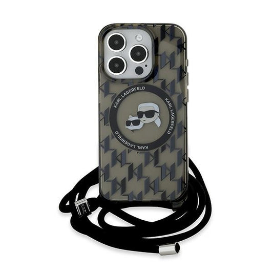 Custodia MagSafe per Apple iPhone 15 Pro Max, Karl Lagerfeld, IML Crossbody Monogram Karl & Choupette's Heads, Nera