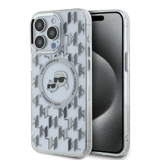Custodia MagSafe per Apple iPhone 15 Pro Max, Karl Lagerfeld, IML Monogram Karl & Choupette's Heads, Trasparente