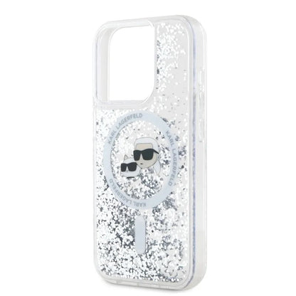 MagSafe Case for Apple iPhone 15 Pro Max, Karl Lagerfeld, Liquid Glitter Karl & Choupette's Heads, Transparent