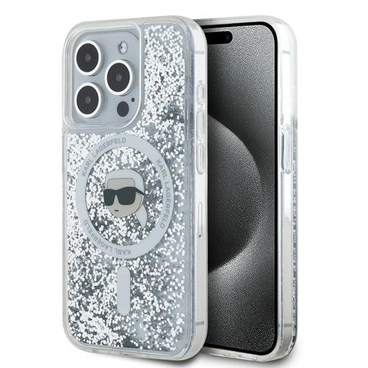 Custodia MagSafe per Apple iPhone 15 Pro Max, Karl Lagerfeld, Liquid Glitter Karl's Head, Trasparente