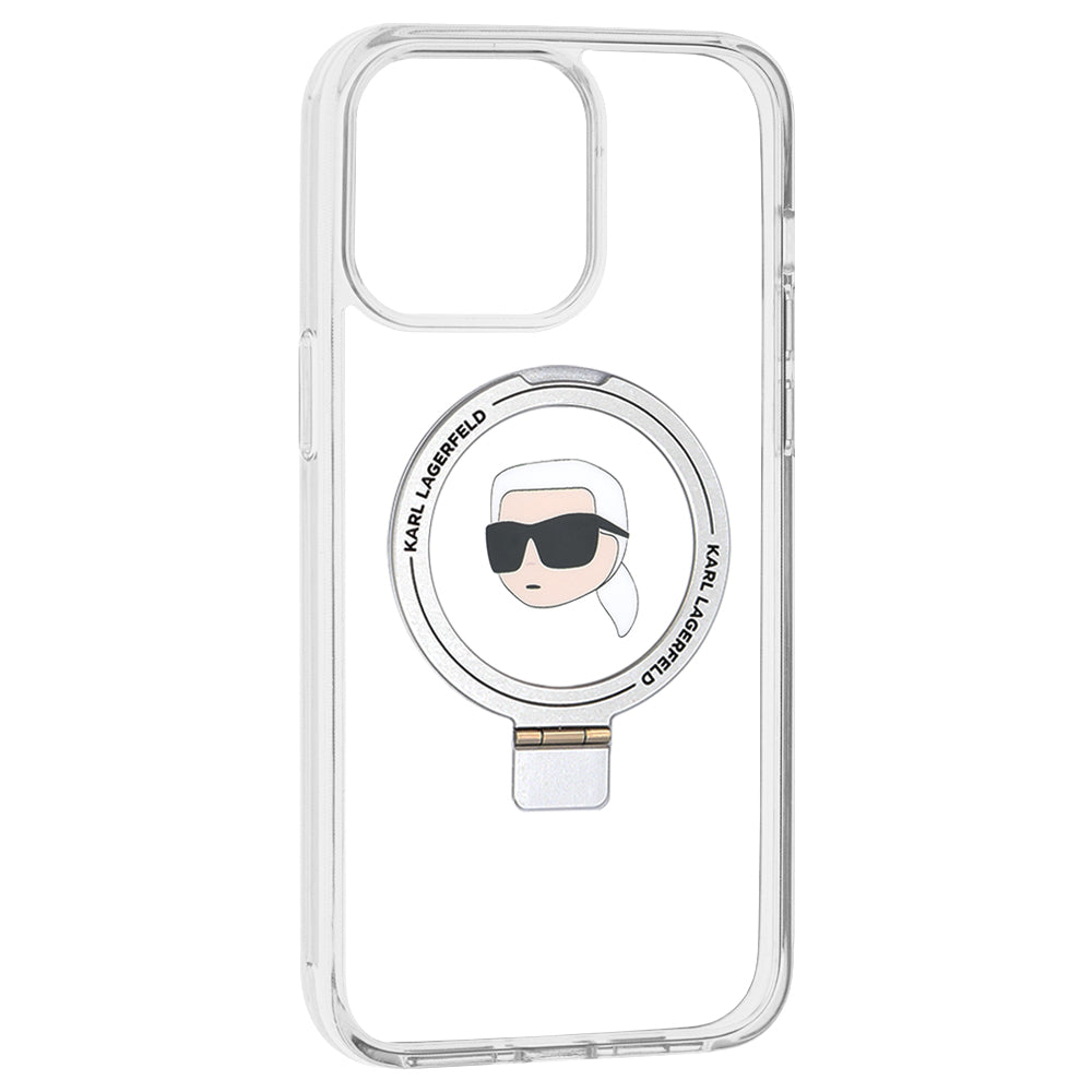 Custodia MagSafe per Apple iPhone 15 Pro Max, Karl Lagerfeld, Ring Stand Karl's Head, Bianca
