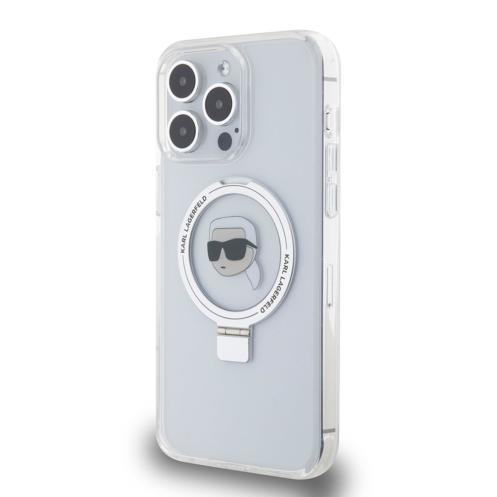 Custodia MagSafe per Apple iPhone 15 Pro Max, Karl Lagerfeld, Ring Stand Karl's Head, Bianca