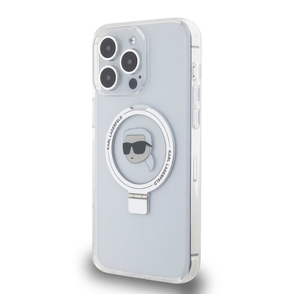 Custodia MagSafe per Apple iPhone 15 Pro Max, Karl Lagerfeld, Ring Stand Karl's Head, Bianca