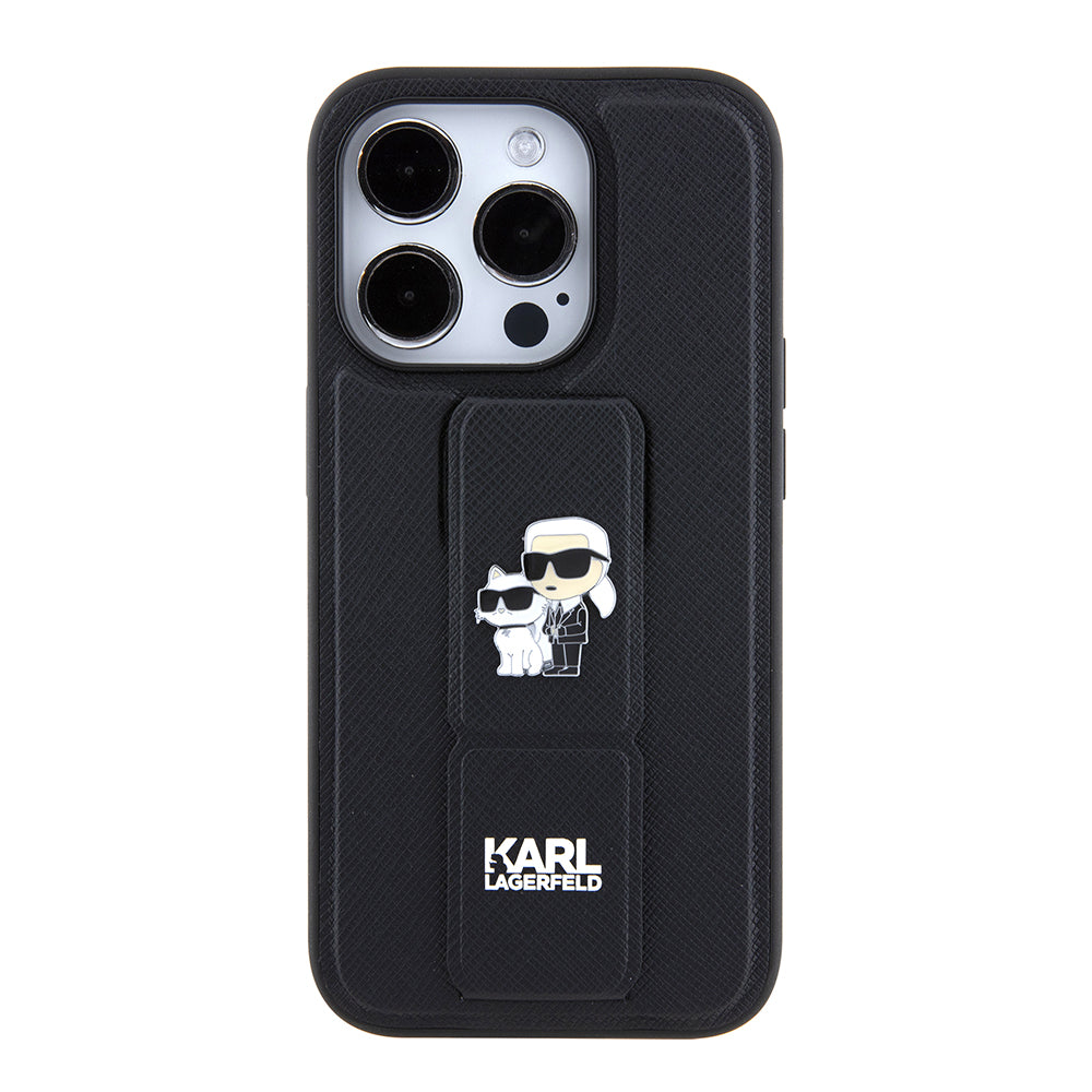 Custodia MagSafe per Apple iPhone 15 Pro Max, Karl Lagerfeld, Saffiano Gripstand Karl & Choupette, Nera
