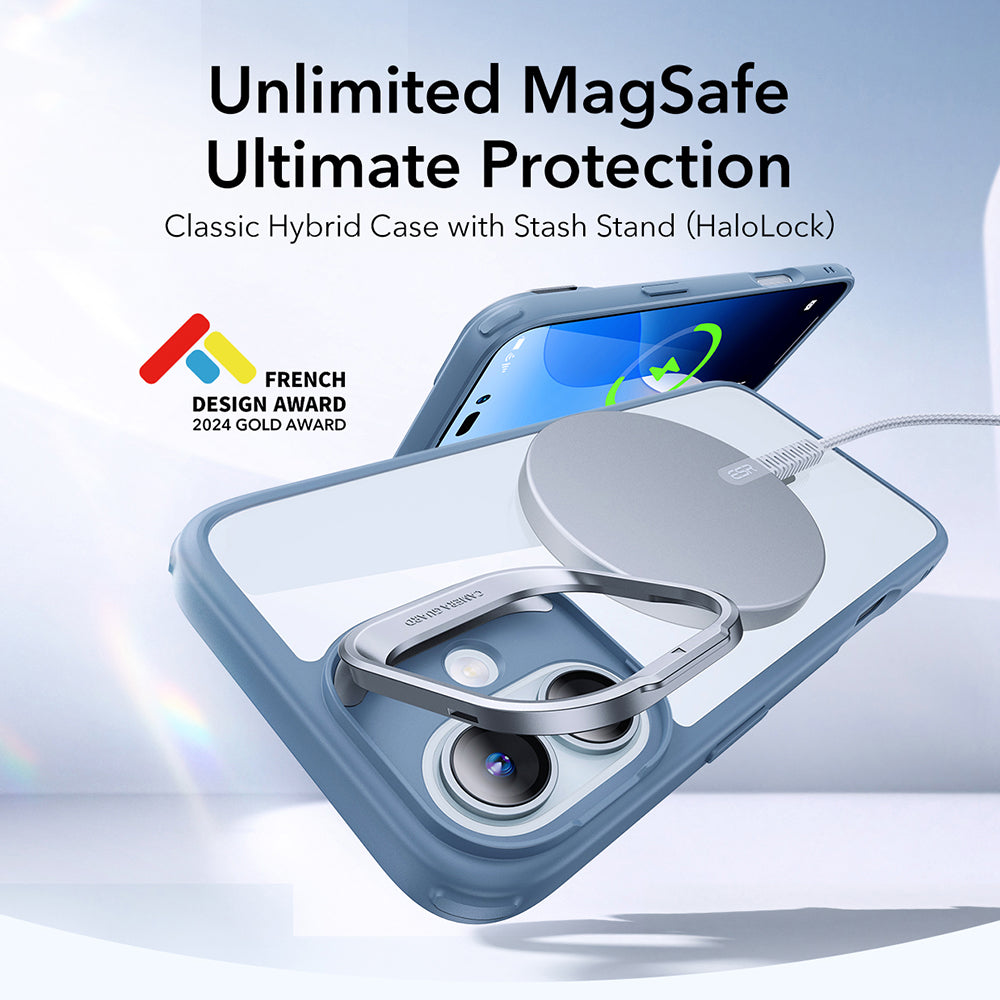 Custodia MagSafe per Apple iPhone 16, ESR, Classic Hybrid Kickstand, Blu Trasparente