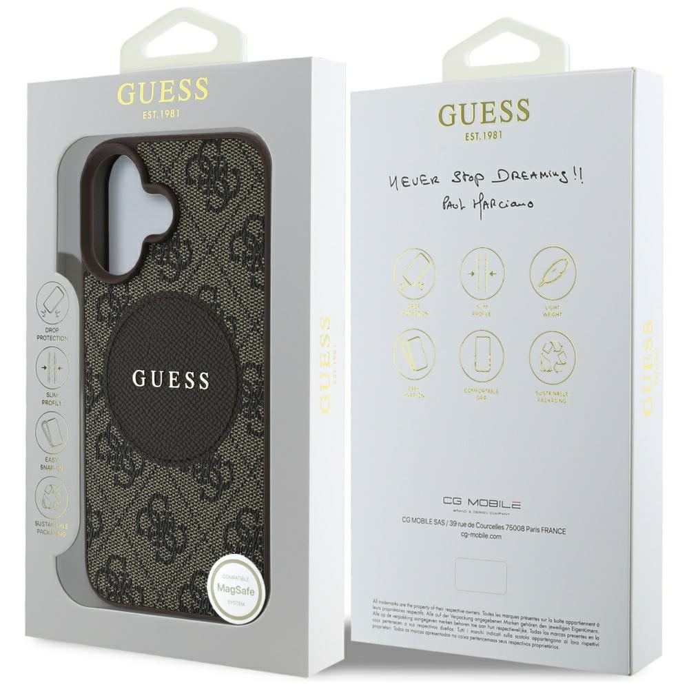 Custodia MagSafe per Apple iPhone 16, Guess, 4G Circle Classic Logo, Marrone