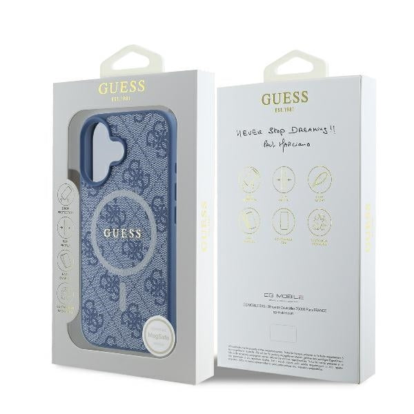 Custodia MagSafe per Apple iPhone 16, Guess, 4G Ring Classic Logo, Blu