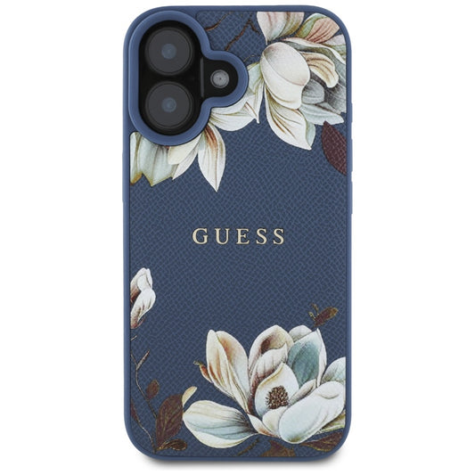 Custodia MagSafe per Apple iPhone 16, Guess, Grained Flowers, Blu