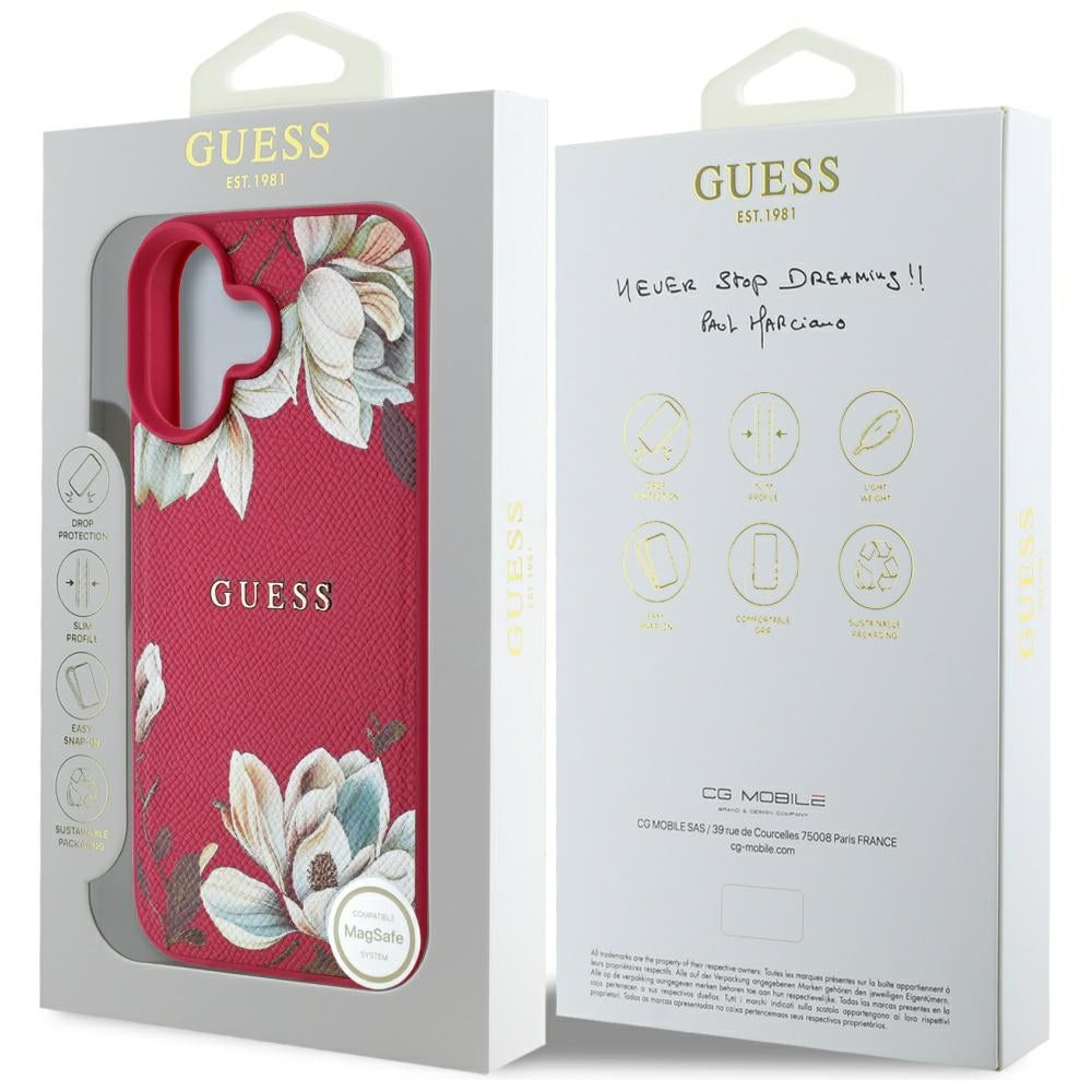 Custodia MagSafe per Apple iPhone 16, Guess, Grained Flowers, Fucsia