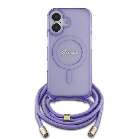 Custodia MagSafe per Apple iPhone 16, Guess, IML Crossbody Cord Script, Viola