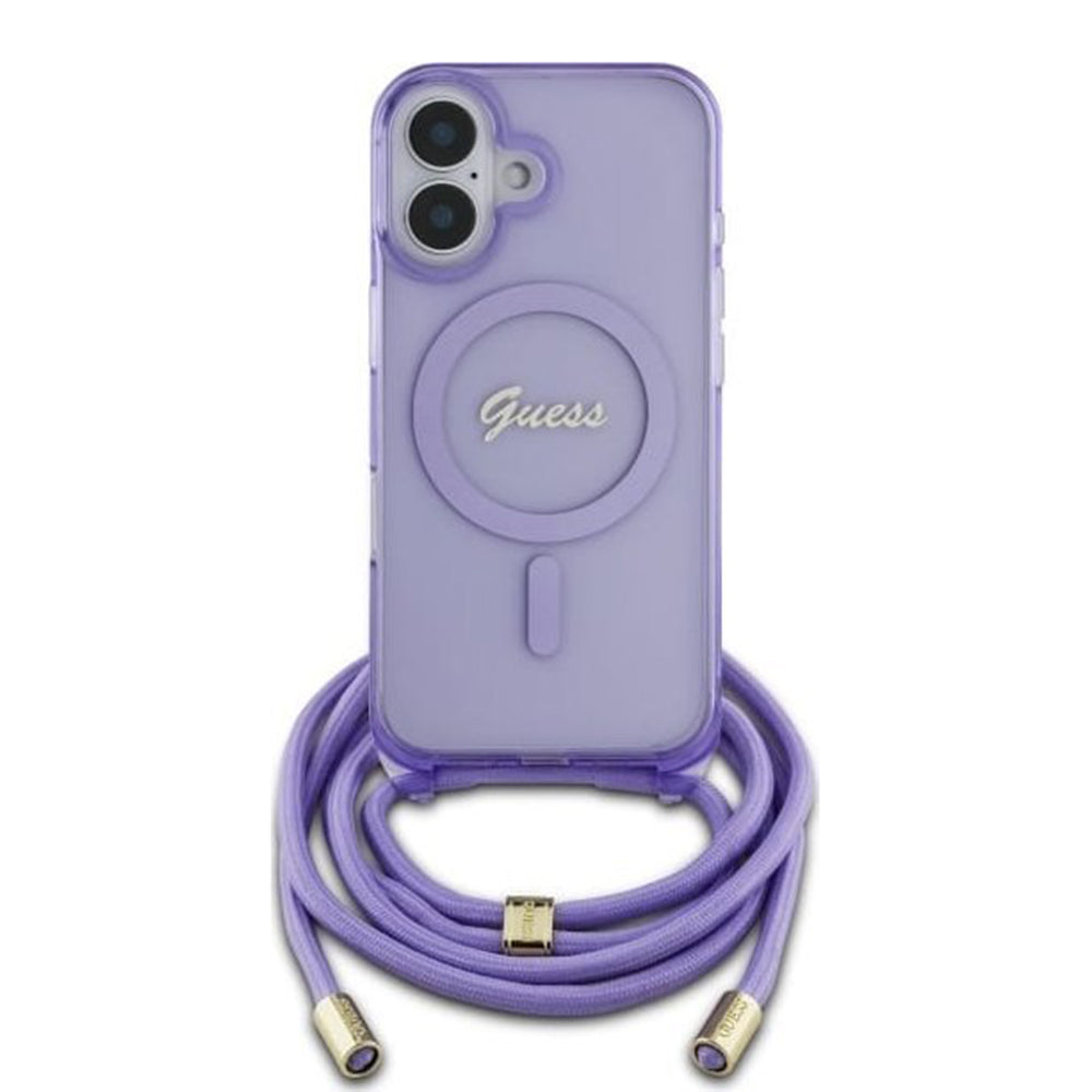Custodia MagSafe per Apple iPhone 16, Guess, IML Crossbody Cord Script, Rosa