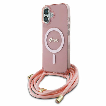 Custodia MagSafe per Apple iPhone 16, Guess, IML Crossbody Cord Script, Rosa