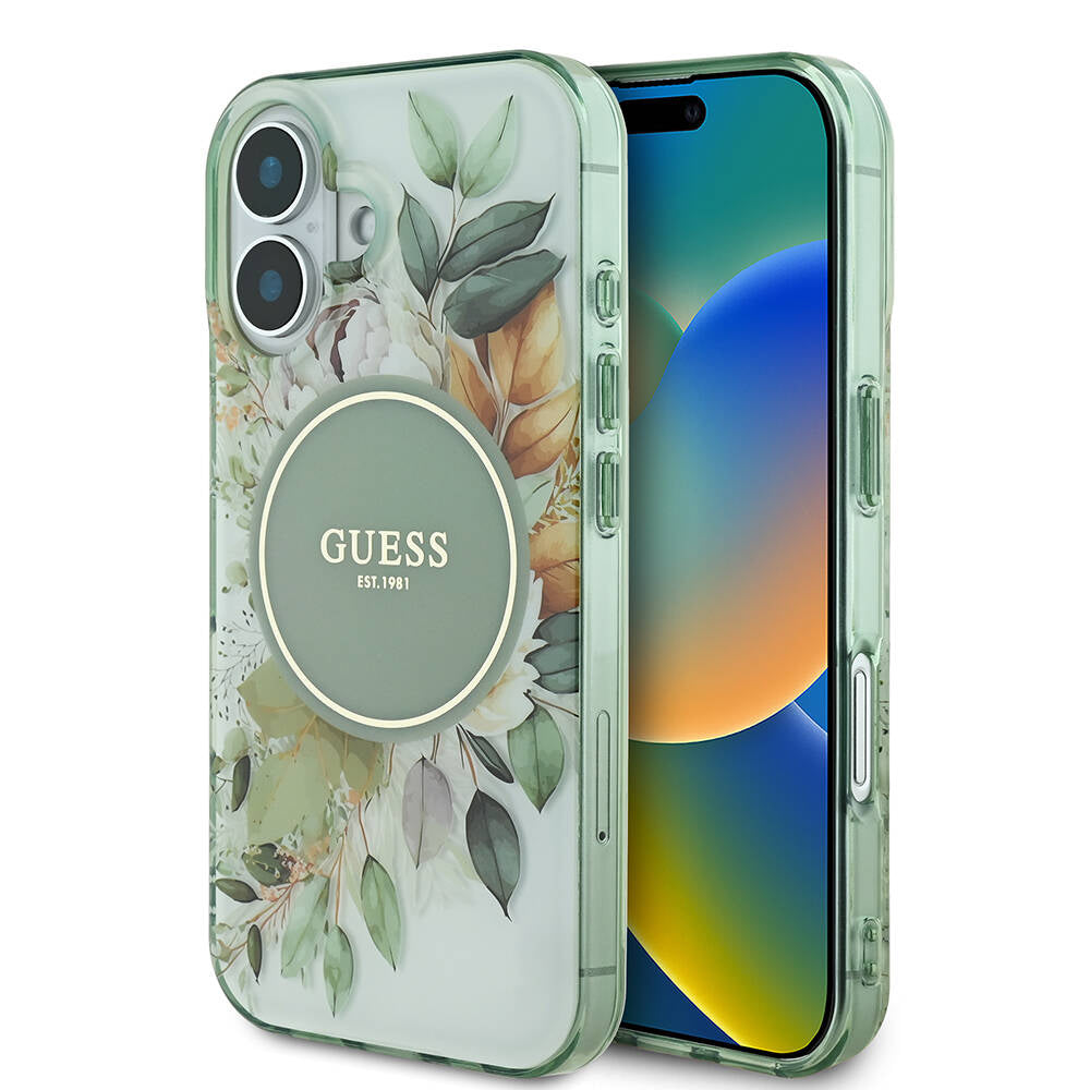 Custodia MagSafe per Apple iPhone 16, Guess, IML Flower & Tonal Circle, Verde