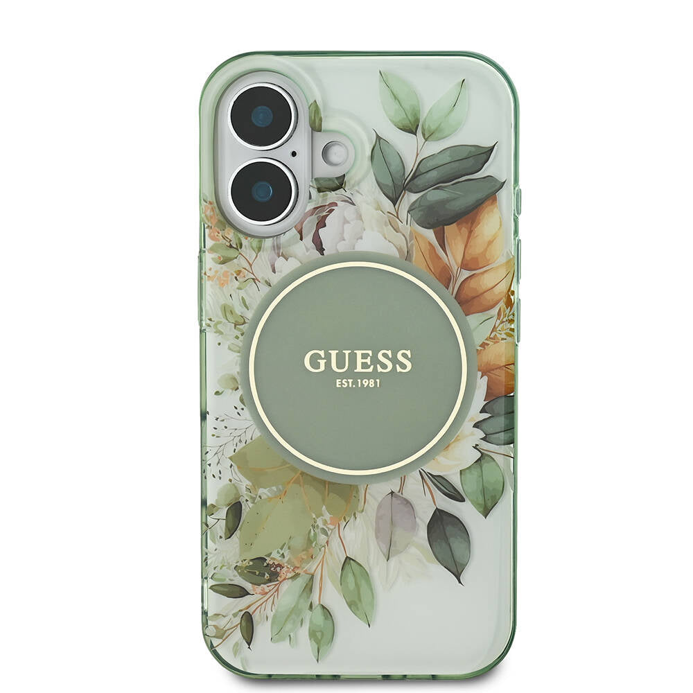 Custodia MagSafe per Apple iPhone 16, Guess, IML Flower & Tonal Circle, Verde
