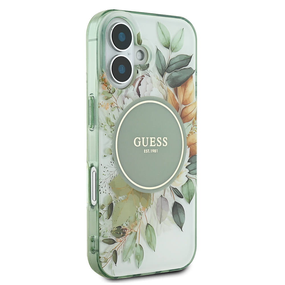 Custodia MagSafe per Apple iPhone 16, Guess, IML Flower & Tonal Circle, Verde