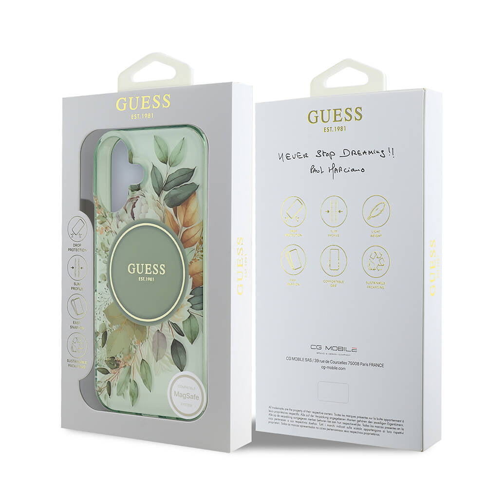 Custodia MagSafe per Apple iPhone 16, Guess, IML Flower & Tonal Circle, Verde