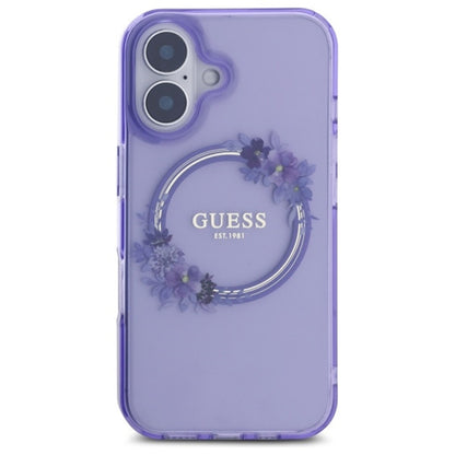 Custodia MagSafe per Apple iPhone 16, Guess, IML Flowers Wreath, Viola