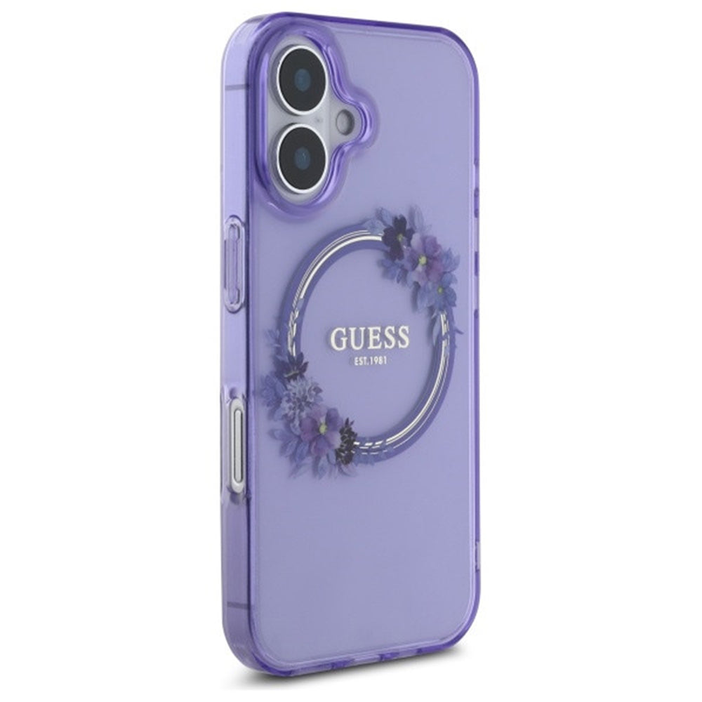 Custodia MagSafe per Apple iPhone 16, Guess, IML Flowers Wreath, Viola