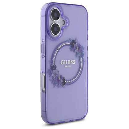 Custodia MagSafe per Apple iPhone 16, Guess, IML Flowers Wreath, Viola
