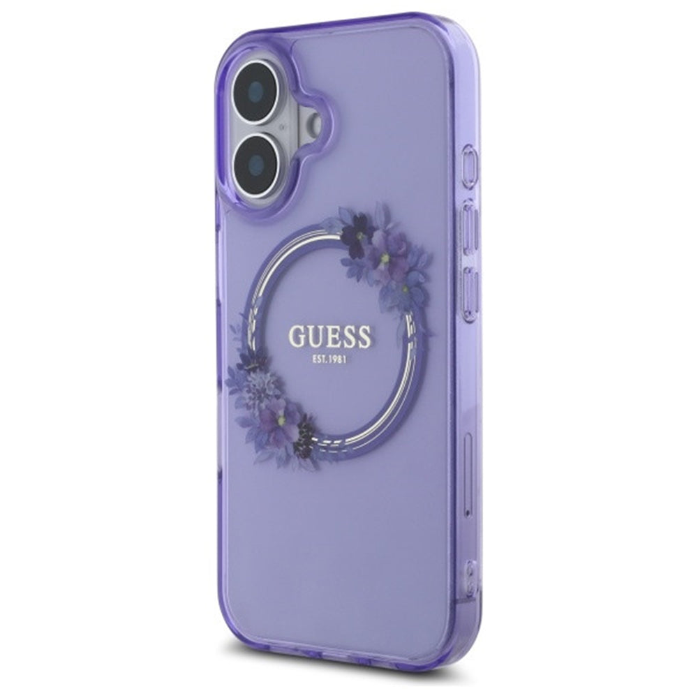 Custodia MagSafe per Apple iPhone 16, Guess, IML Flowers Wreath, Viola