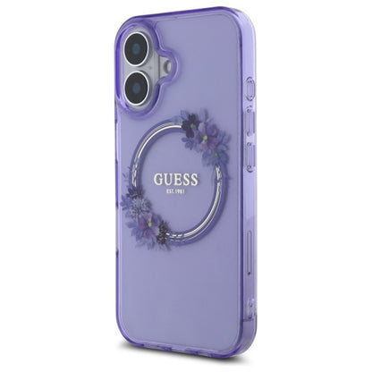 Custodia MagSafe per Apple iPhone 16, Guess, IML Flowers Wreath, Viola
