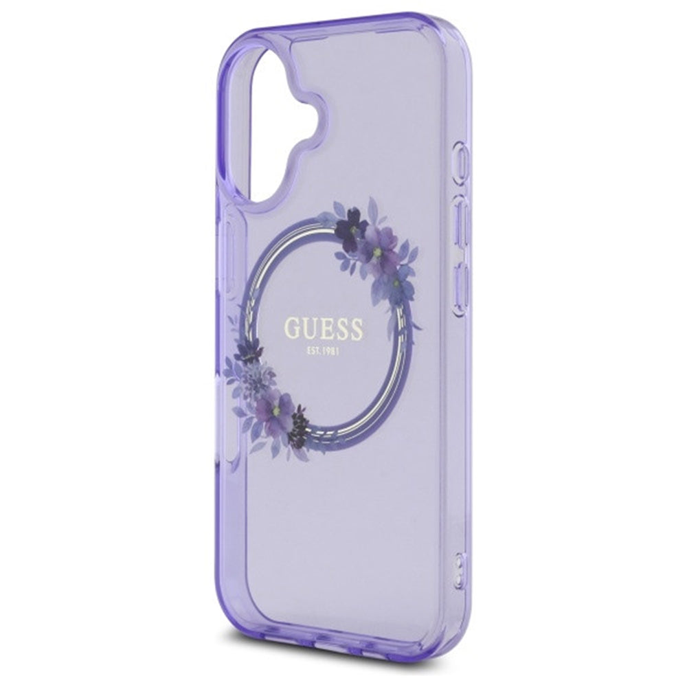 Custodia MagSafe per Apple iPhone 16, Guess, IML Flowers Wreath, Viola