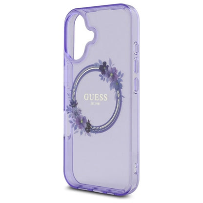 Custodia MagSafe per Apple iPhone 16, Guess, IML Flowers Wreath, Viola