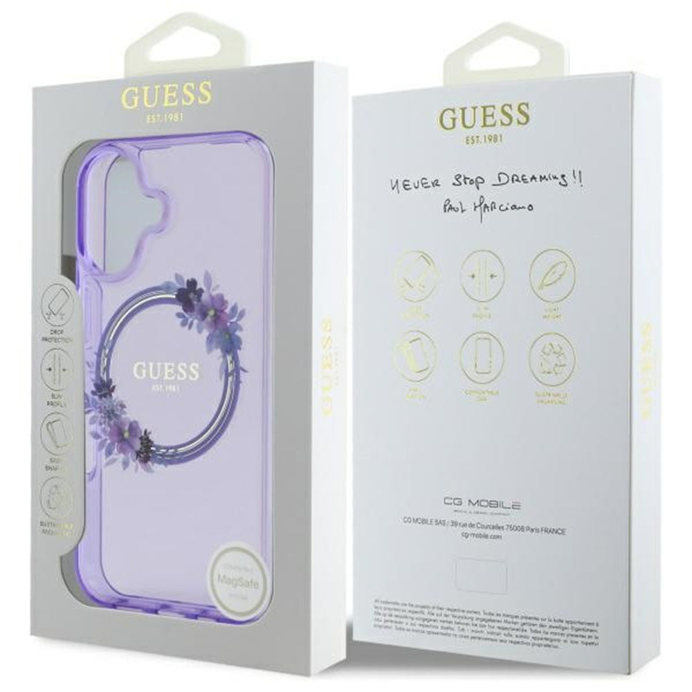 Custodia MagSafe per Apple iPhone 16, Guess, IML Flowers Wreath, Viola