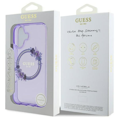 Custodia MagSafe per Apple iPhone 16, Guess, IML Flowers Wreath, Viola