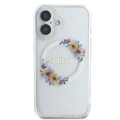 MagSafe Case for Apple iPhone 16, Guess, IML Flowers Wreath, Transparent