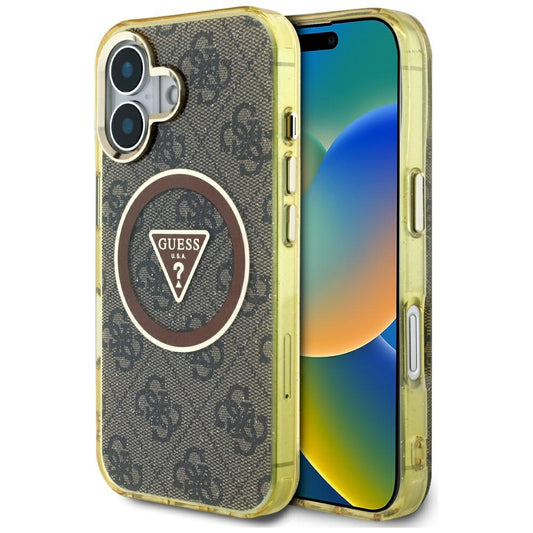 Custodia MagSafe per Apple iPhone 16, Guess, IML Glitter 4G Circle Triangle, Marrone