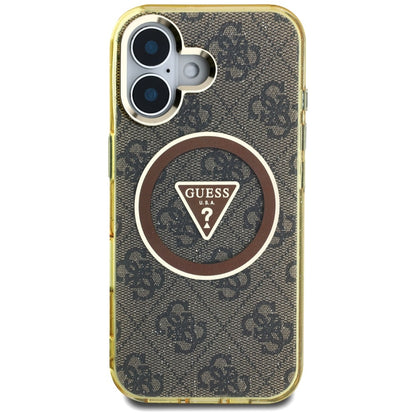 Custodia MagSafe per Apple iPhone 16, Guess, IML Glitter 4G Circle Triangle, Marrone
